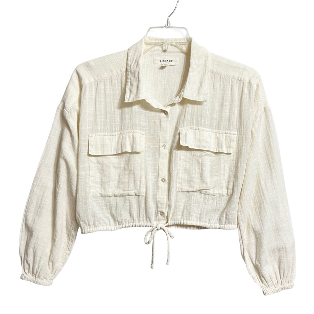 L*Space Bora Cropped Boho Coastal Cover Up Top M Cream Gauze Beach Button Up